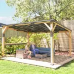 Outsunny 10 ft x 14 ft Wooden Gazebo, Hardtop Lean-to Gazebo Pergola with Galvanized Steel Sloped Roof, Bar Shelf, Natural Wood - Image 9