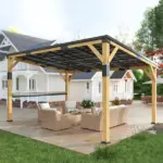 Outsunny 10 ft x 14 ft Wooden Gazebo, Hardtop Lean-to Gazebo Pergola with Galvanized Steel Sloped Roof, Bar Shelf, Natural Wood - Image 10