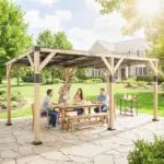 Outsunny 10 ft x 20 ft Wooden Gazebo, Hardtop Lean-to Gazebo Pergola with Galvanized Steel Sloped Roof, Light Walnut - Image 8