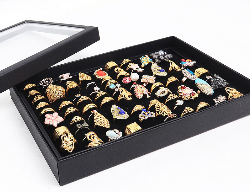 100 Slot Jewelry Ring Display Organizer Tray with Clear Cover