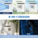HOMCOM 10,000 BTU Moible Air Conditioner 440 Sq. Ft., Dehumidifier Fan Auto Sleep with 24H Timer On/Off, Window Kit, White - Image 2