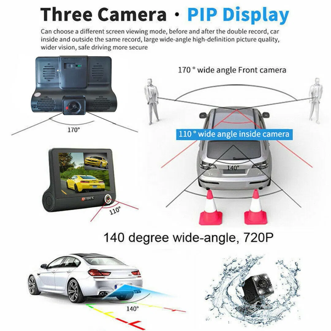 4 Inch 3 Channel 1080P Dash Cam with Front Cabin and Rear Cameras