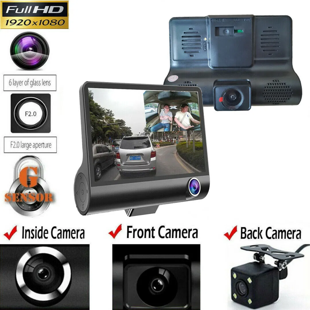 4 Inch 3 Channel 1080P Dash Cam with Front Cabin and Rear Cameras