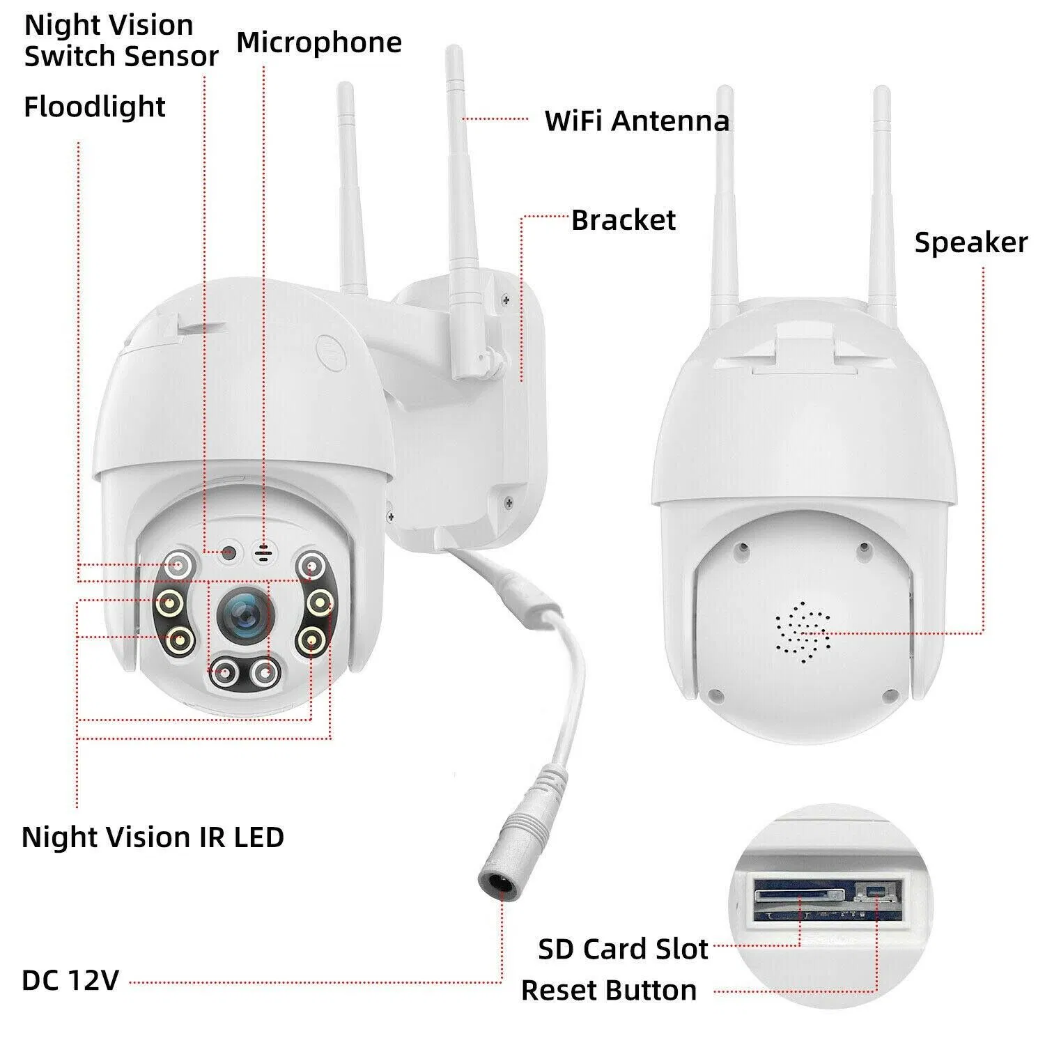 3MP 1296P WiFi Outdoor PTZ Security Camera with PIR Motion and Night Vision