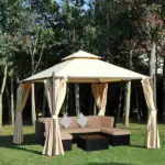 10x10 Beige Steel Gazebo Polyester Curtains Vented Roof Mosquito Netting - Image 2
