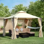 10x10 Beige Steel Gazebo Polyester Curtains Vented Roof Mosquito Netting - Image 10