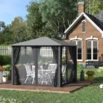 10'x10' Covered Gazebo, Outdoor Patio Gazebo with Mesh Sidewalls and Privacy Curtains, Canopy Pergolas in Black - Image 2