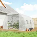 Outsunny 10'x11'x6' Walk-in Tunnel Greenhouse with Shelves, Mesh Door and Windows, Hoop House Greenhouse with PE Cover, White - Image 2