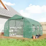 Outsunny 10 ft x 11 ft x 6 ft Walk-in Tunnel Greenhouse with Shelves, Mesh Door and Windows, Plant Hot House with PE Cover, Green - Image 2