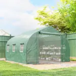 Outsunny 10 ft x 11 ft x 6 ft Walk-in Tunnel Greenhouse with Shelves, Mesh Door and Windows, Plant Hot House with PE Cover, Green - Image 10
