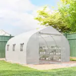 Outsunny 10 ft x 11 ft x 6 ft Walk-in Tunnel Greenhouse with Shelves, Mesh Door and Windows, Plant Hot House with PE Cover, White - Image 10