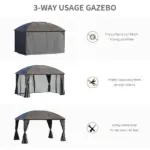 10x13 Gray Hardtop Gazebo with Steel Roof Curtains Netting Pavilion Ceiling Hook for Patio Garden - Image 4