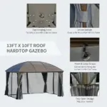 10x13 Gray Hardtop Gazebo with Steel Roof Curtains Netting Pavilion Ceiling Hook for Patio Garden - Image 6