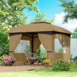 Outsunny 11 ft x 11 ft Outdoor Gazebo, Double Roof Patio Gazebo with Curtains, Church Windows, Galvanized Steel Frame, Beige - Image 2