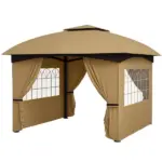 Outsunny 11 ft x 11 ft Outdoor Gazebo, Double Roof Patio Gazebo with Curtains, Church Windows, Galvanized Steel Frame, Beige