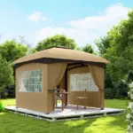 Outsunny 11 ft x 11 ft Outdoor Gazebo, Double Roof Patio Gazebo with Curtains, Church Windows, Galvanized Steel Frame, Beige - Image 8