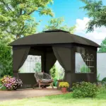 Outsunny 11 ft x 11 ft Outdoor Gazebo, Double Roof Patio Gazebo with Curtains, Church Windows, Galvanized Steel Frame, Dark Gray - Image 2