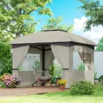 Outsunny 11 ft x 11 ft Outdoor Gazebo, Double Roof Patio Gazebo with Curtains, Church Windows, Galvanized Steel Frame, Light Gray - Image 2