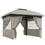 Outsunny 11 ft x 11 ft Outdoor Gazebo, Double Roof Patio Gazebo with Curtains, Church Windows, Galvanized Steel Frame, Light Gray - Image 11