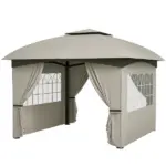 Outsunny 11 ft x 11 ft Outdoor Gazebo, Double Roof Patio Gazebo with Curtains, Church Windows, Galvanized Steel Frame, Light Gray