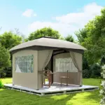 Outsunny 11 ft x 11 ft Outdoor Gazebo, Double Roof Patio Gazebo with Curtains, Church Windows, Galvanized Steel Frame, Light Gray - Image 8