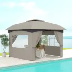 Outsunny 11 ft x 11 ft Outdoor Gazebo, Double Roof Patio Gazebo with Curtains, Church Windows, Galvanized Steel Frame, Light Gray - Image 10