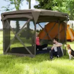 11 x 11ft Pop Up Gazebo Screen Tent with Removable Roof Cover, Roll-up Wind Panels for Camping, Backyard, Brown - Image 10