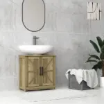 HOMCOM 11.8" W Farmhouse Pedestal Sink Cabinet, Sink Storage Cabinet with 2 Barn Doors and Adjustable Shelf, Light Gray - Image 2