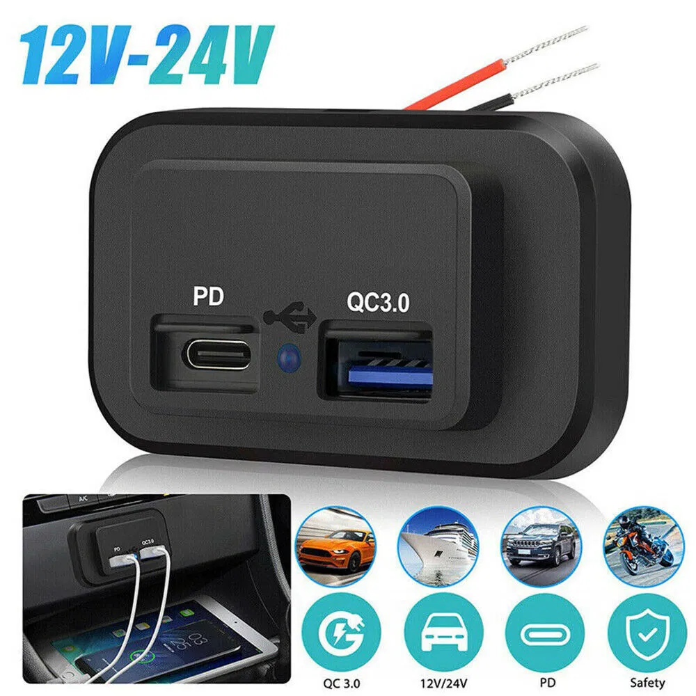 12V-24V 36W USB-C PD and QC 3.0 Dual Port Vehicle Charger Socket