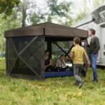 12' x 12' Hexagonal Pop Up Gazebo Canopy Tent with 5 Sidewalls, Outdoor Canopy Shelter with Carry Bag, Brown - Image 2