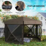 12' x 12' Hexagonal Pop Up Gazebo Canopy Tent with 5 Sidewalls, Outdoor Canopy Shelter with Carry Bag, Brown - Image 4