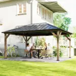 Outsunny 12 ft x 16 ft Hardtop Gazebo with Galvanized Steel Roof, UPF50+ Wood Permanent Pavilion with Clear Roof Top, Light Walnut - Image 2