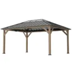 Outsunny 12 ft x 16 ft Hardtop Gazebo with Galvanized Steel Roof, UPF50+ Wood Permanent Pavilion with Clear Roof Top, Light Walnut