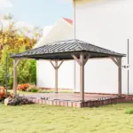 Outsunny 12 ft x 16 ft Hardtop Gazebo with Galvanized Steel Roof, UPF50+ Wood Permanent Pavilion with Clear Roof Top, Light Walnut - Image 3