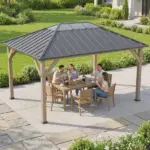 Outsunny 12 ft x 16 ft Hardtop Gazebo with Galvanized Steel Roof, UPF50+ Wood Permanent Pavilion with Clear Roof Top, Light Walnut - Image 8