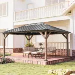 Outsunny 12 ft x 16 ft Hardtop Gazebo with Galvanized Steel Roof, UPF50+ Wood Permanent Pavilion with Clear Roof Top, Light Walnut - Image 9