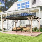 Outsunny 12 ft x 16 ft Hardtop Gazebo with Galvanized Steel Roof, UPF50+ Wood Permanent Pavilion with Clear Roof Top, Light Walnut - Image 10