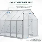Outsunny 12' x 6' Aluminum Greenhouse, Polycarbonate Walk-in Garden Greenhouse Kit with Adjustable Roof Vent, Rain Gutter and Sliding Door, Silver - Image 5