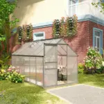 Outsunny 12' x 6' Aluminum Greenhouse, Polycarbonate Walk-in Garden Greenhouse Kit with Adjustable Roof Vent, Rain Gutter and Sliding Door, Silver - Image 8