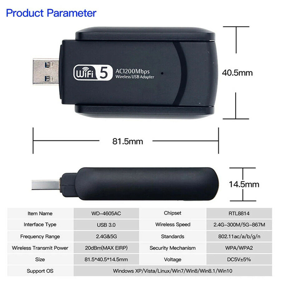 AC1200 Dual Band USB 3.0 WiFi Adapter with Dual Antennas