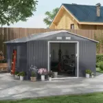 Outsunny 12.6 ft x 11 ft Metal Storage Shed, Garden Tool House with Double Sliding Doors, 4 Air Vents for Backyard, Patio and Lawn, Dark Gray - Image 2