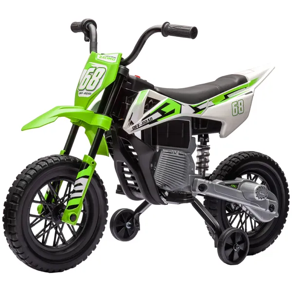 12v-kids-electric-motorcycle-w-twist-grip-throttle-training-wheels-rear-suspension-music-for-aged-3-6-years-green.webp Qaba 12V Kids Electric Motorcycle with Twist Grip Throttle Training Wheels, Rear Suspension, Music for Aged 3-6 Years, Green - Image 1