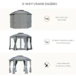 12x12 Canopy Gazebo, Double Roof and Netting Curtains, Zippered Doors, Gray - Image 6
