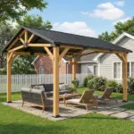 Outsunny 13 ft x 11 ft Hardtop Gazebo Canopy with Galvanised Metal Roof, Fir Wood Frame and Central Hook for Patio, Black Gray - Image 2