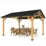 Outsunny 13 ft x 11 ft Hardtop Gazebo Canopy with Galvanised Metal Roof, Fir Wood Frame and Central Hook for Patio, Black Gray