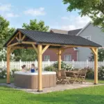 Outsunny 13 ft x 11 ft Hardtop Gazebo Canopy with Galvanised Metal Roof, Fir Wood Frame and Central Hook for Patio, Black Gray - Image 8