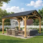 Outsunny 13 ft x 11 ft Hardtop Gazebo Canopy with Galvanised Metal Roof, Fir Wood Frame and Central Hook for Patio, Black Gray - Image 10