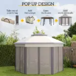 13' x 13' Pop Up Gazebo Hexagonal Canopy Shelter with 6 Zippered Mesh Netting for Patio Backyard Garden Wedding Party - Image 4