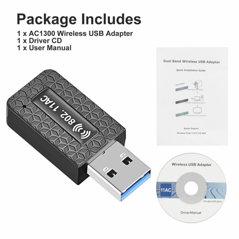 AC1300 Dual Band USB 3.0 WiFi Adapter 2.4GHz and 5GHz