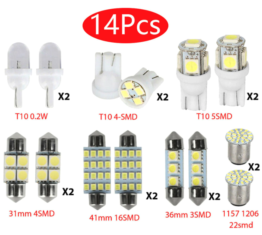 14 Piece T10 36mm LED Car Interior Light Kit for Dome Map and License Plate